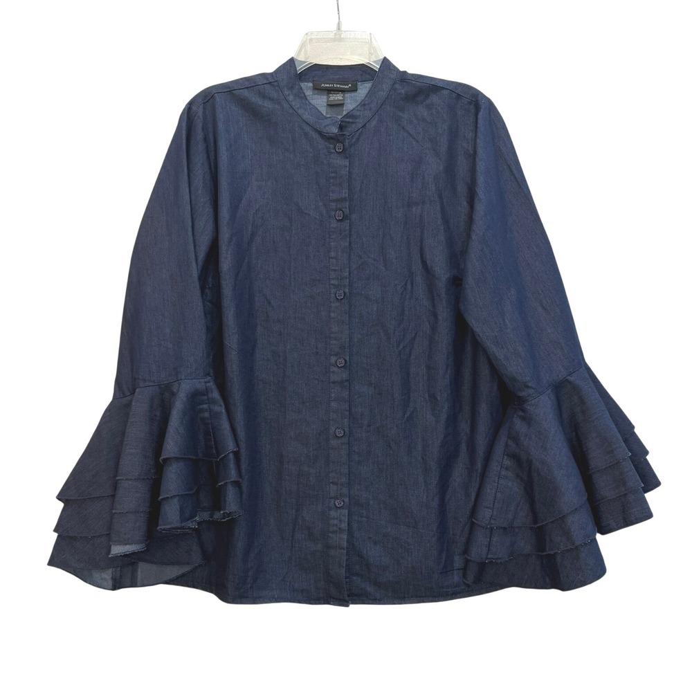 Ashley Stewart Dark Wash Denim Button Down Triple Tier Ruffle Sleeve Top Size 12